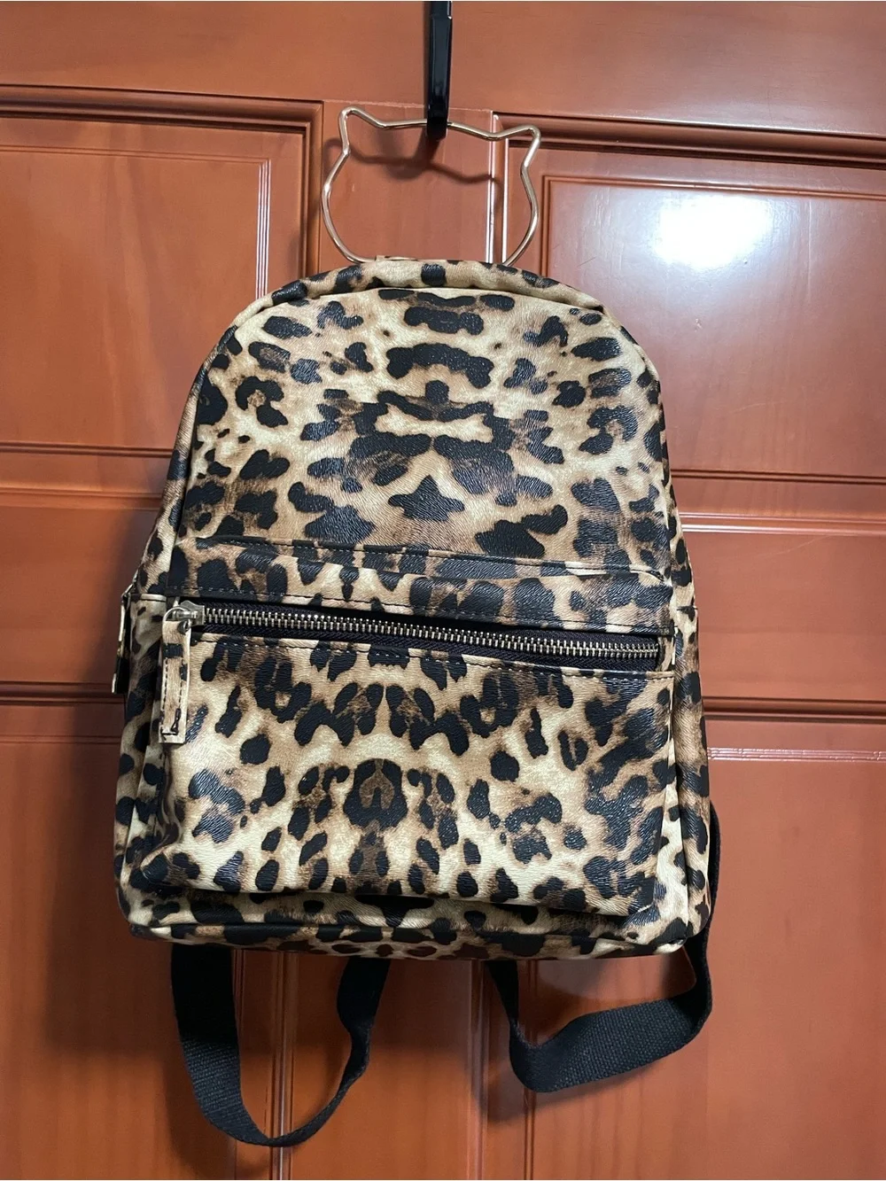 Leopard Print Mini Backpack with Cat-Handle Accent - Tan/Black